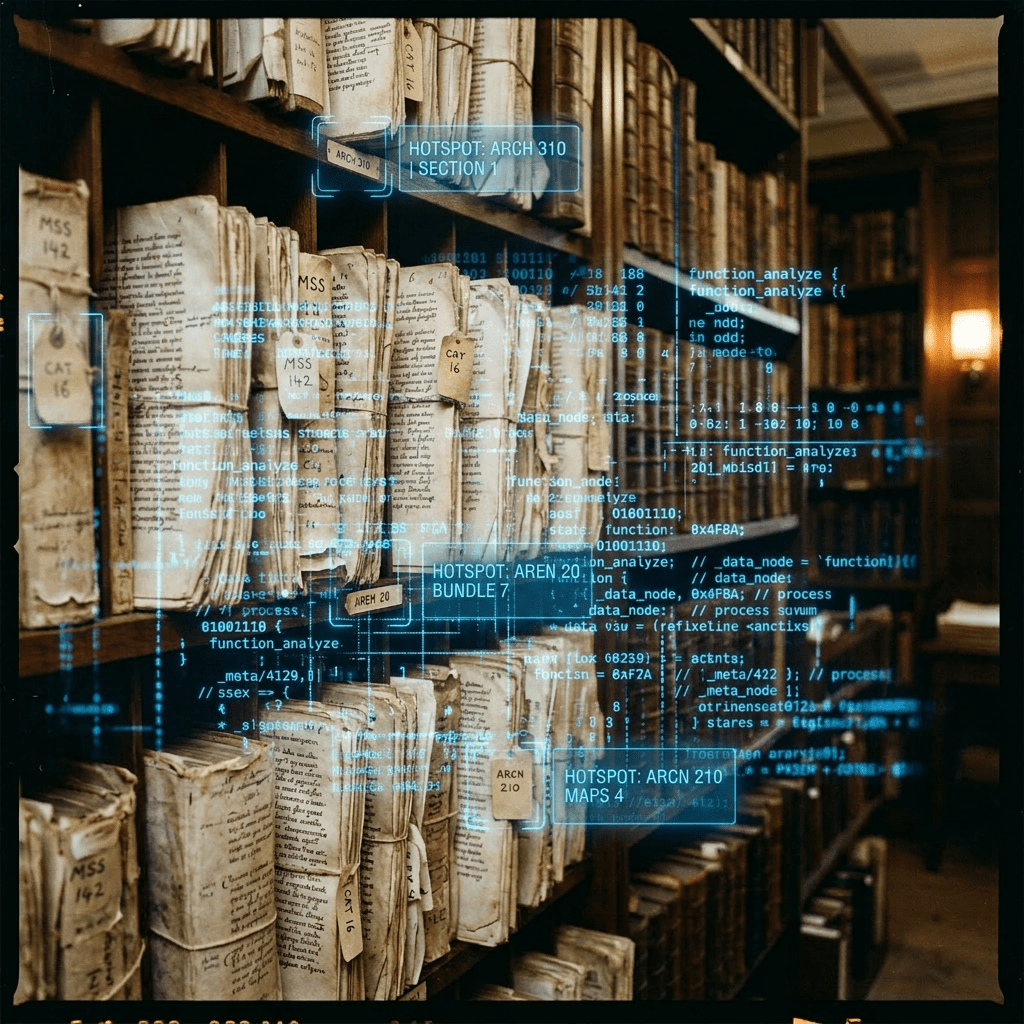 Stacks of old manuscripts and documents on wooden shelves mixed with overlaid blue computer code