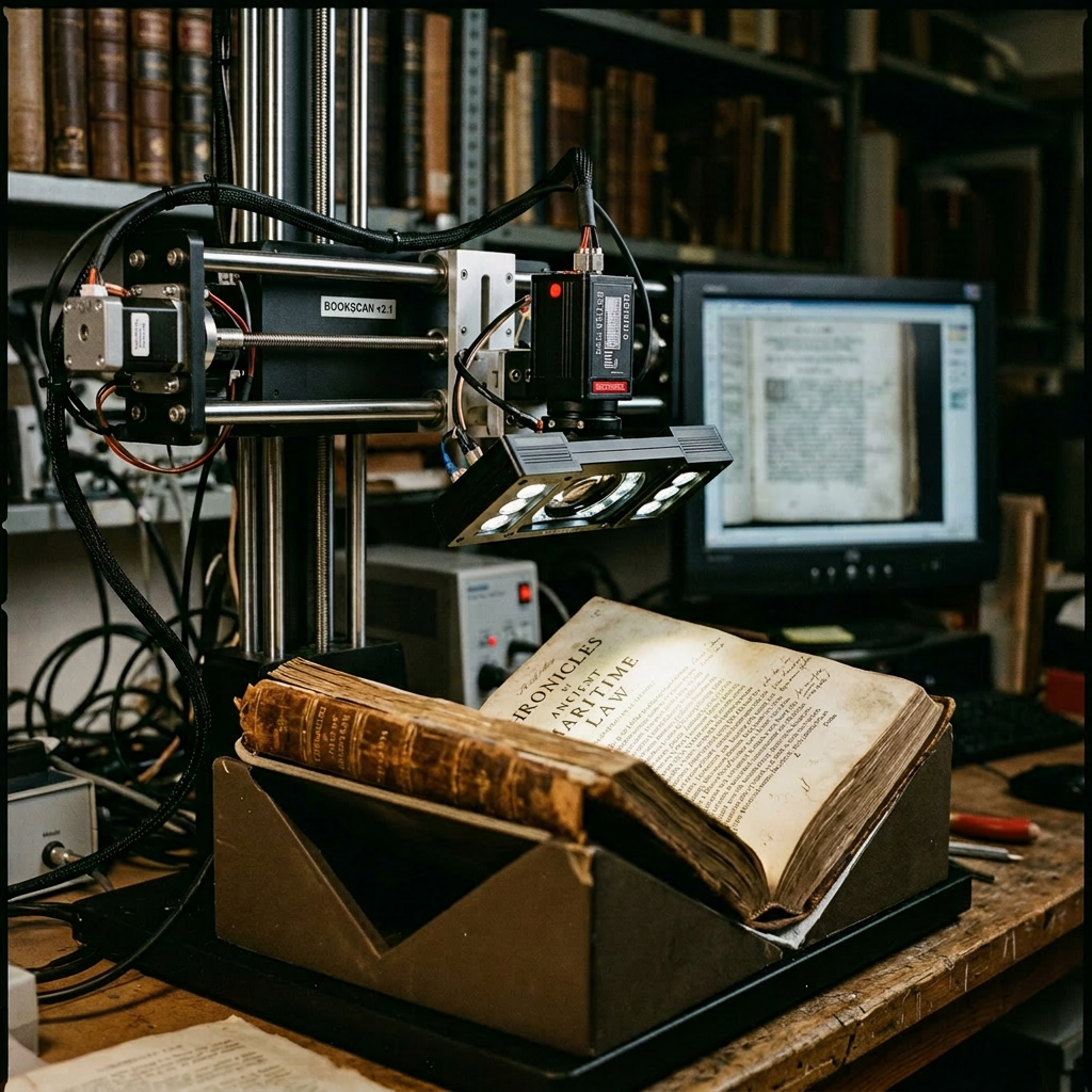 Specialized book scanner digitizing an old historical book titled 'Chronicles of the Apatome Law'